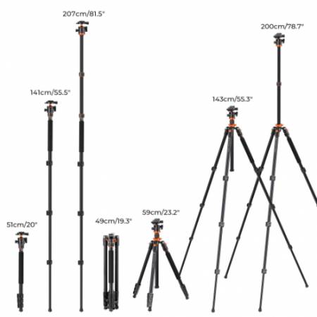 K&F Concept KF4169 - zestaw fotograficzny, statyw Alu K234A7 + głowica kulowa BH-28L - wymiary
